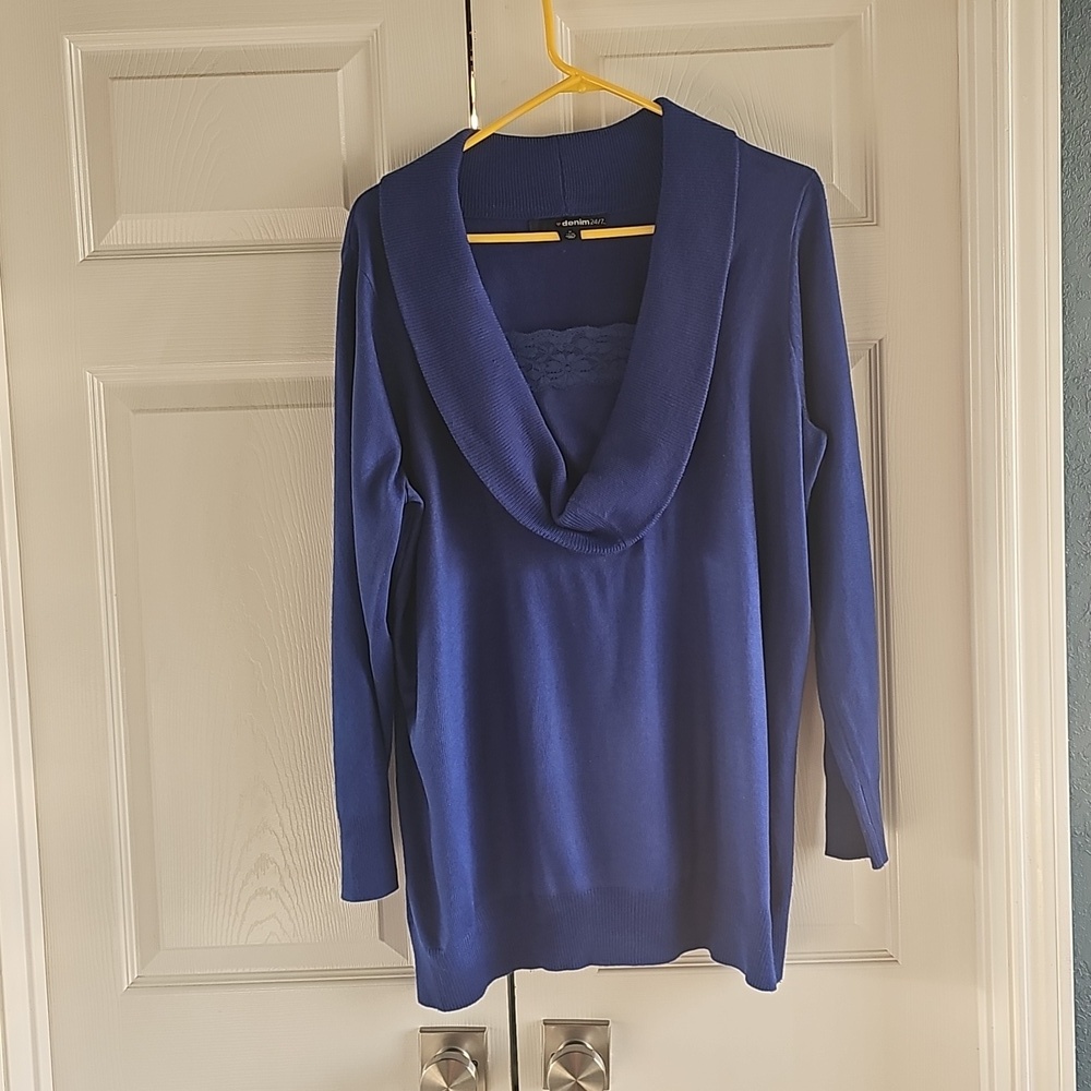 Denim 24/7 Bright Blue Cowlneck Sweater Lace Bodice   Medium Preowned